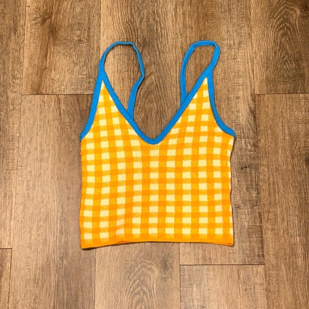 Urban Outfitters Orange Yellow Gingham Knit Cami Top Blue Trim Medium Y2K Indie